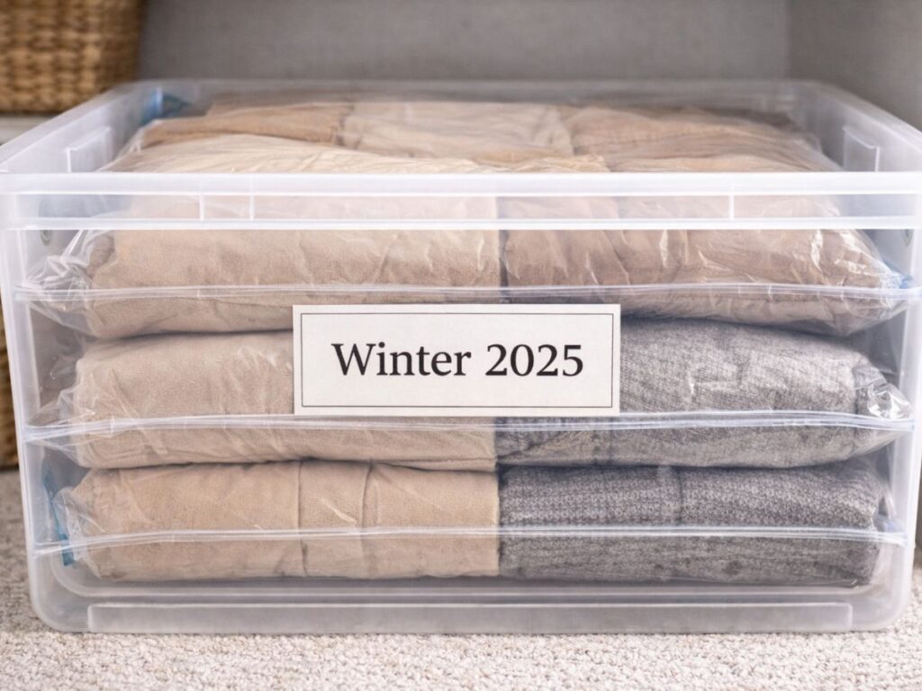 Clear storage bin labeled “Winter 2025” with vacuum-sealed folded sweaters neatly stacked inside.