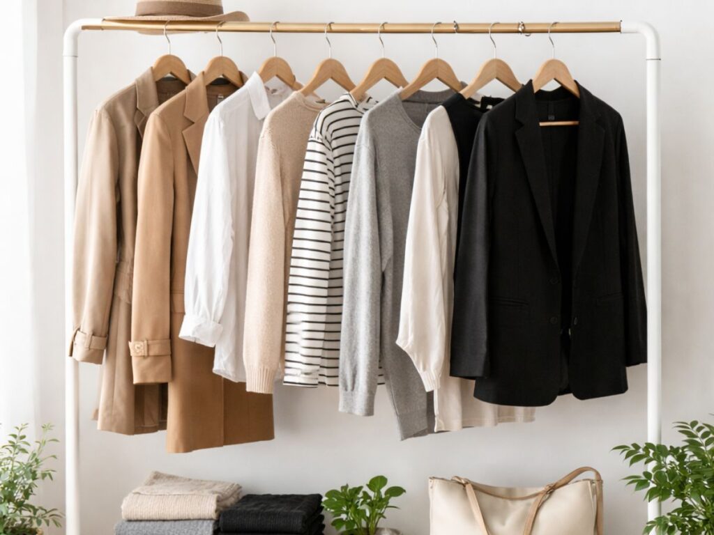 Minimalist clothing rack with coordinated neutral outfits, neatly folded stacks, shoes, and accessories arranged below.