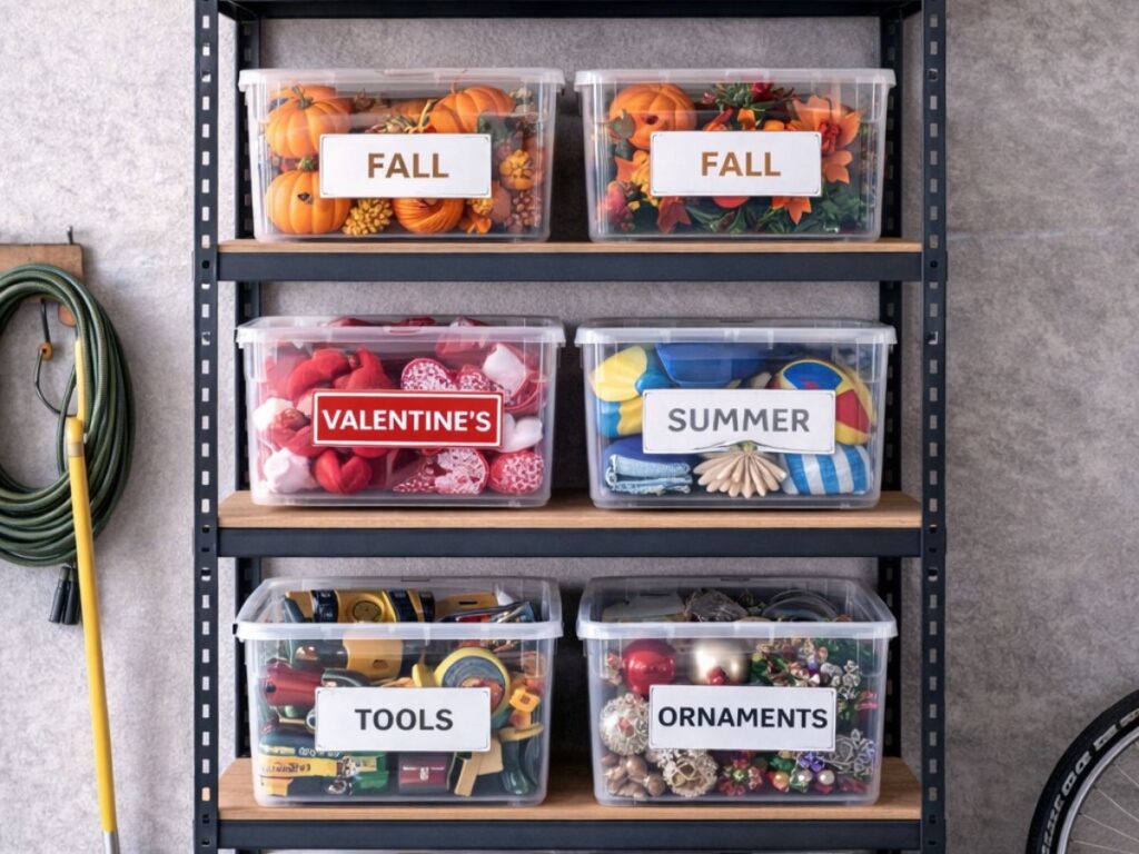 Tall garage shelving unit with clear labeled storage bins for Christmas, Fall, Valentine’s, Summer, Tools, Ornaments, and Sports Equipment.