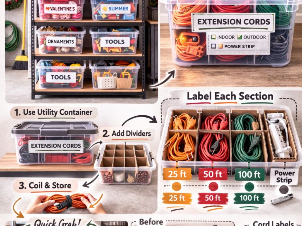 Infographic showing how to store extension cords in one dedicated box by adding dividers, labeling by length (25 ft, 50 ft, 100 ft), coiling neatly, and tagging cords to prevent tangles.
