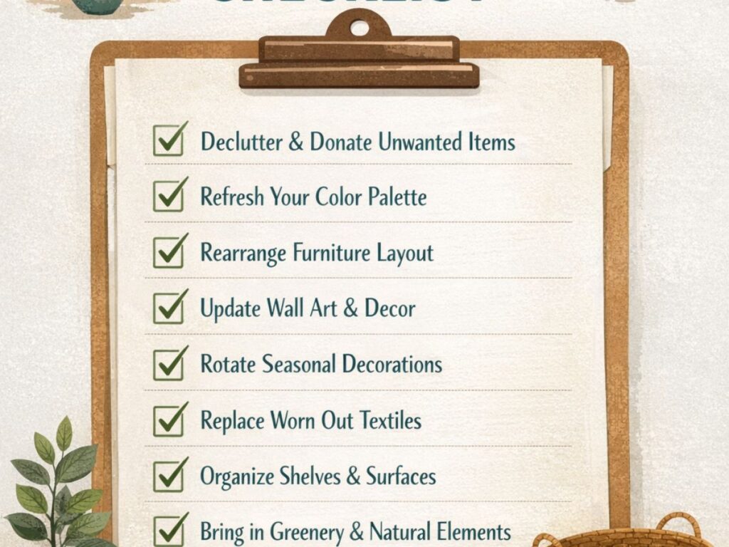 Annual Decor Reset Checklist featuring tasks like decluttering, refreshing color palette, rearranging furniture, updating decor, rotating seasonal items, replacing textiles, organizing surfaces, and adding greenery.