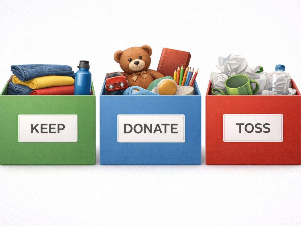 Three labeled sorting bins—“Keep,” “Donate,” and “Toss”—filled with assorted household items for decluttering.