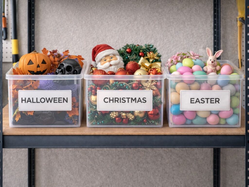 Clear storage bins labeled “Halloween,” “Christmas,” and “Easter,” filled with seasonal decorations on a garage shelf.