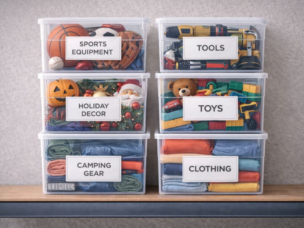 Stacked clear storage bins labeled “Sports Equipment,” “Tools,” “Holiday Decor,” “Toys,” “Camping Gear,” and “Clothing,” neatly organized on a shelf.