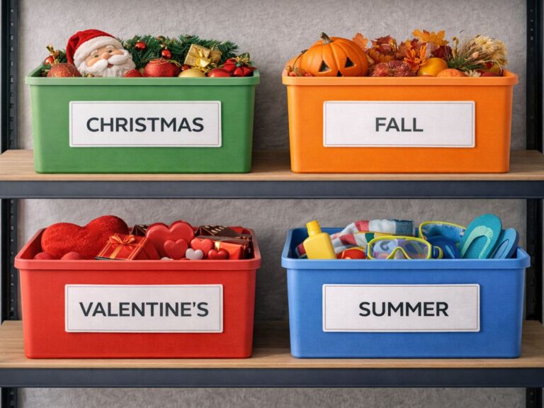 Four labeled storage bins on shelves for seasonal decor: “Christmas,” “Fall,” “Valentine’s,” and “Summer,” each filled with themed decorations.