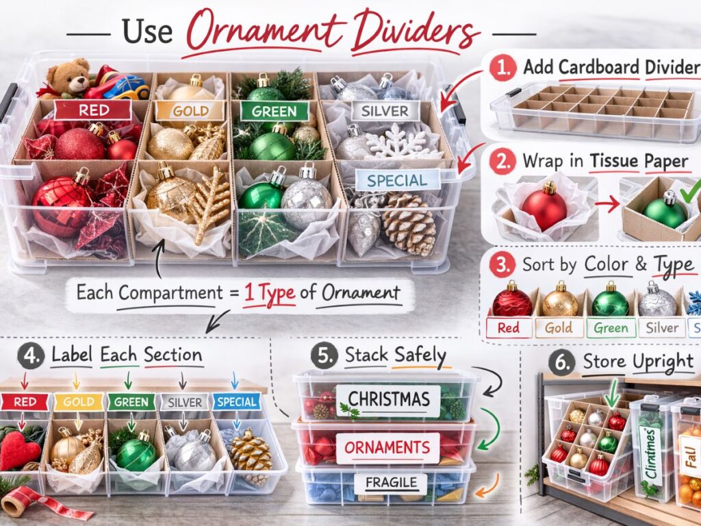 Infographic showing how to organize Christmas ornaments using cardboard dividers, tissue paper, color sorting, labeling sections, stacking safely, and storing bins upright.