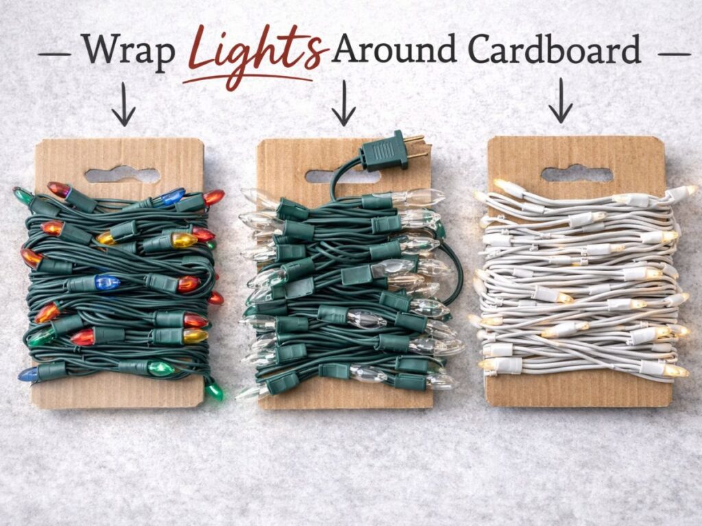 Holiday string lights neatly wrapped around pieces of cardboard to prevent tangling and for easy storage.