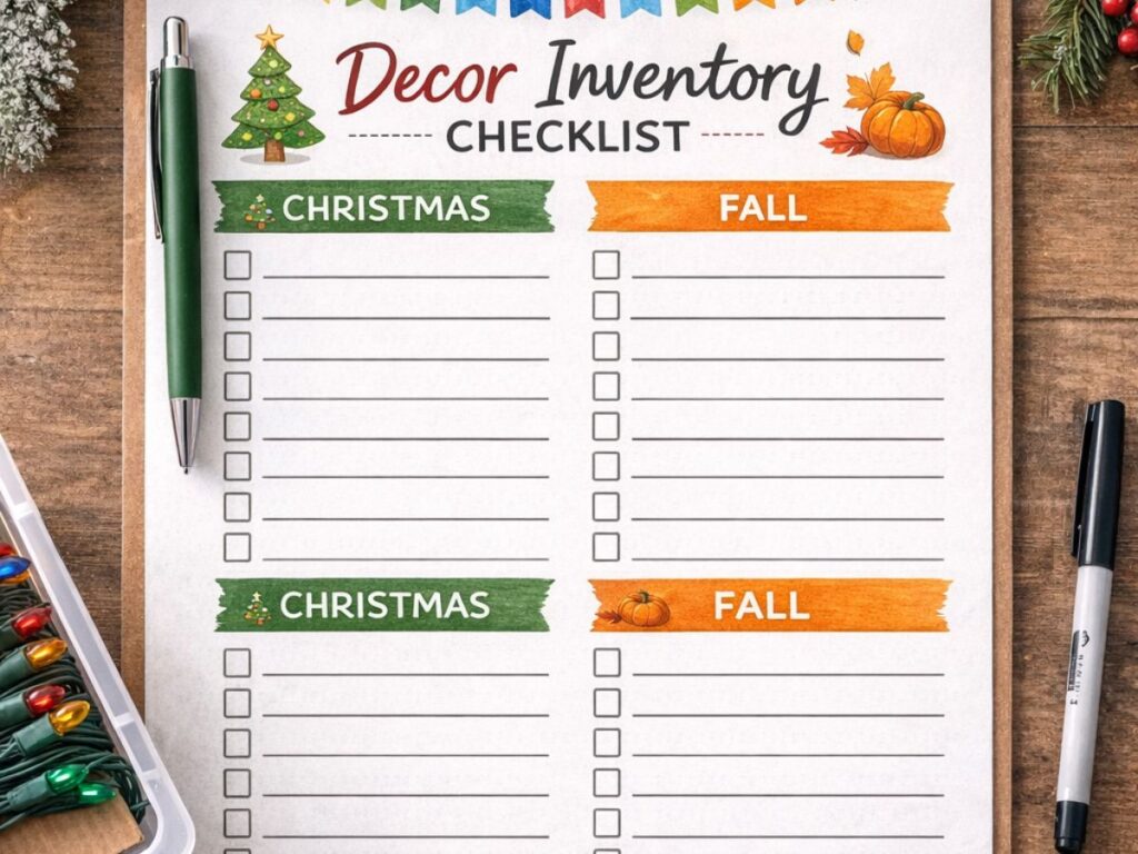 Decor Inventory Checklist on a clipboard with sections for Christmas, Fall, Valentine’s, and Summer, surrounded by seasonal decor items and labeling supplies.