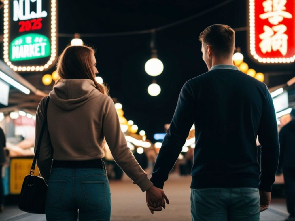 Couple holding hands while walking through a brightly lit night market with glowing signs overhead.