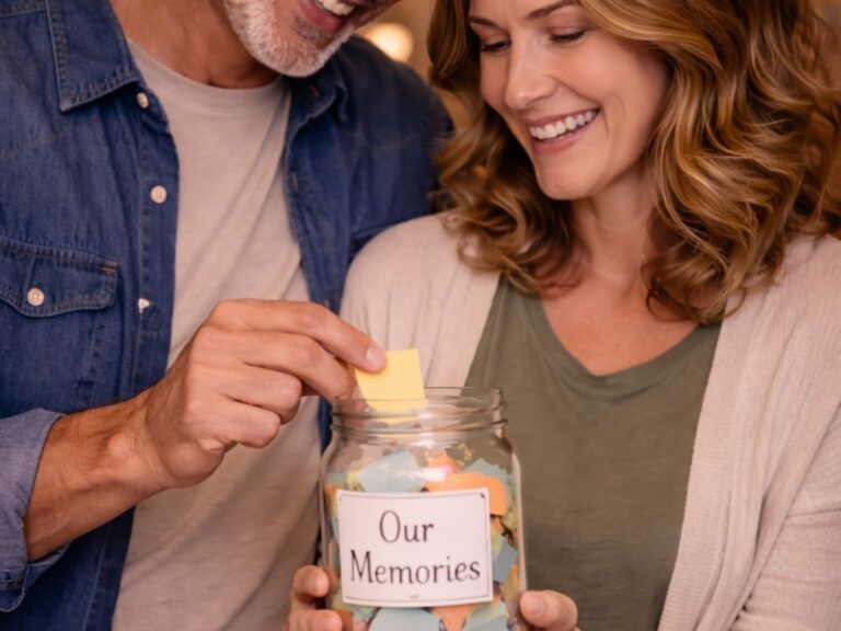 A smiling couple standing close together in a library, sharing a warm moment while holding an open book.