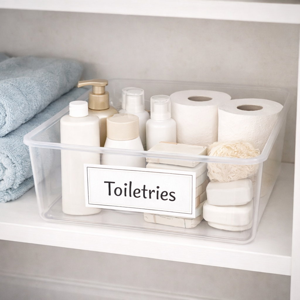 Clear storage bin labeled “Toiletries” holding neatly arranged bottles, soap bars, toilet paper rolls, and bath essentials on a linen closet shelf beside folded towels.