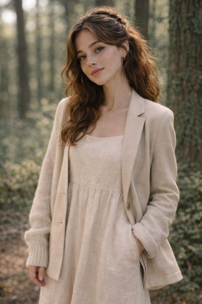 Woman in a beige dress and blazer standing in a sunlit forest with a soft natu