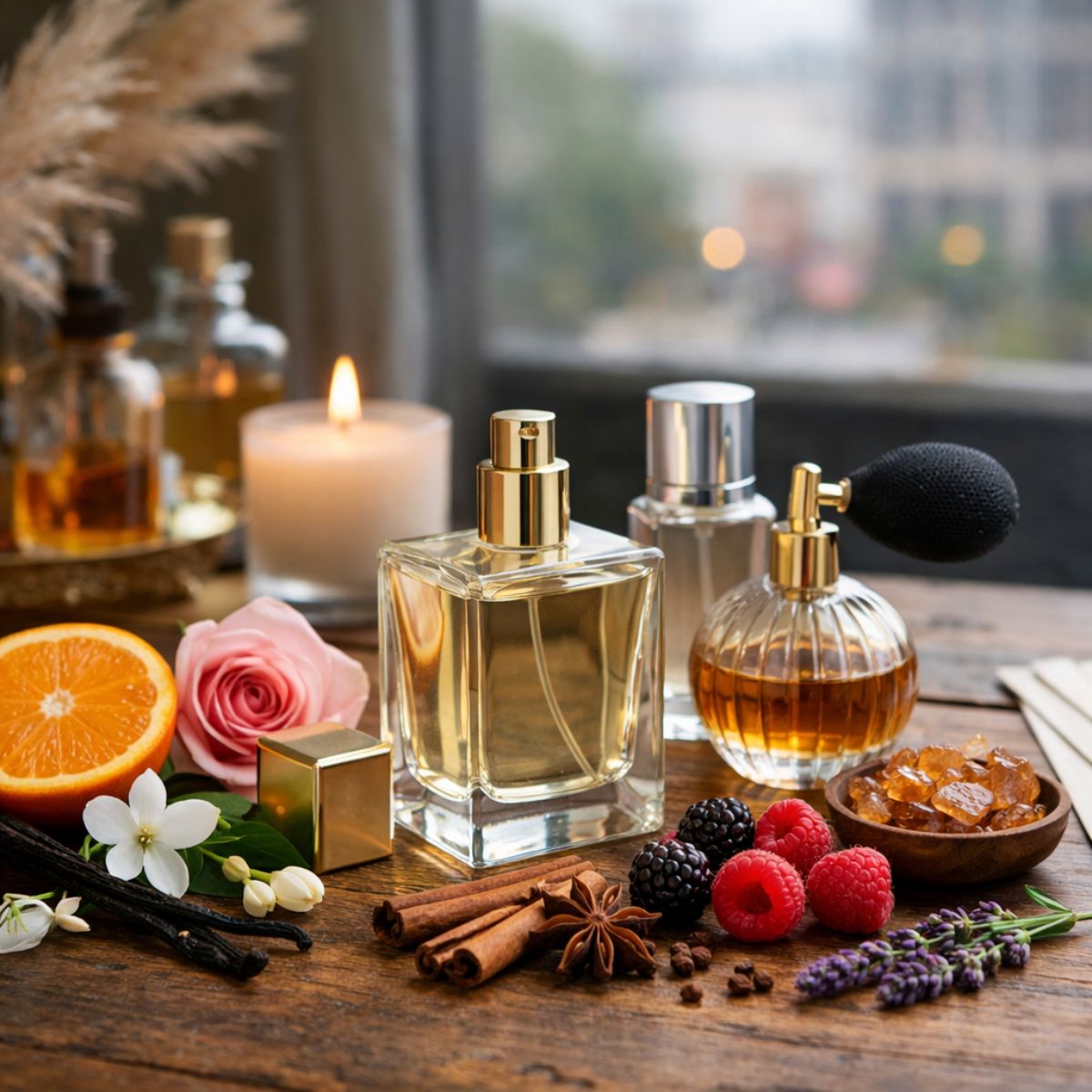 Perfume bottles surrounded by citrus, flowers, spices, berries, and a lit candle on a wooden table.