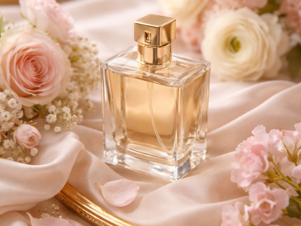 Perfume bottle on silk fabric surrounded by soft pink flowers and a lit candle.
