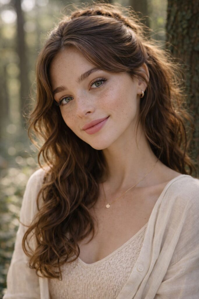 Portrait of a freckled woman with wavy hair in a sunlit forest weari