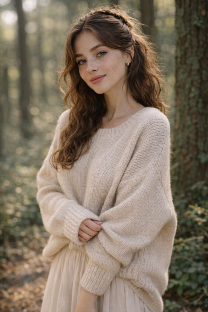 Woman in a beige sweater standing in a sunlit forest with a soft natural look.