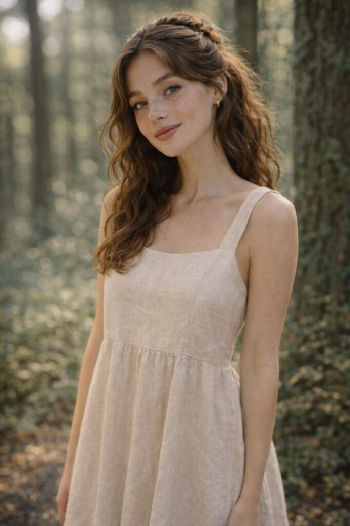 Woman in a light beige dress standing in a sunlit forest with a soft natural look.