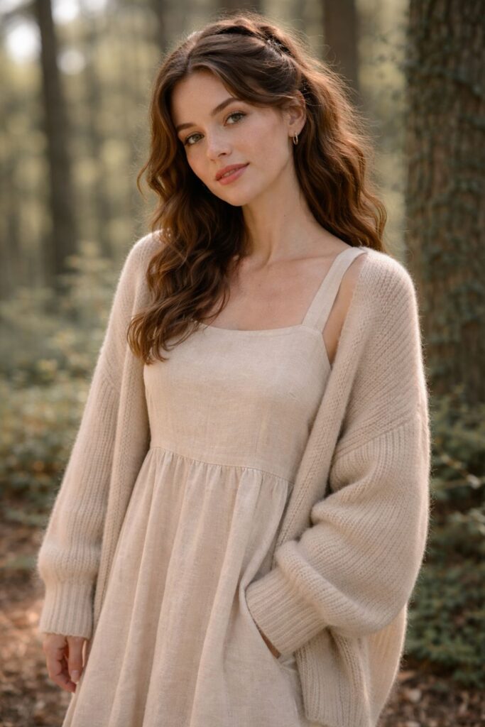 Woman in a beige dress and cardigan standing in a sunlit forest with a soft natural look.