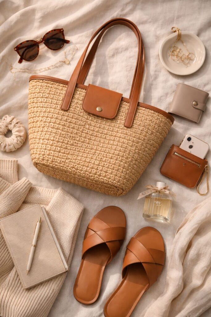 Flat lay of a woven tote bag with sunglasses, sandals, jewelry, perfume, and neutral accessories on fabric.