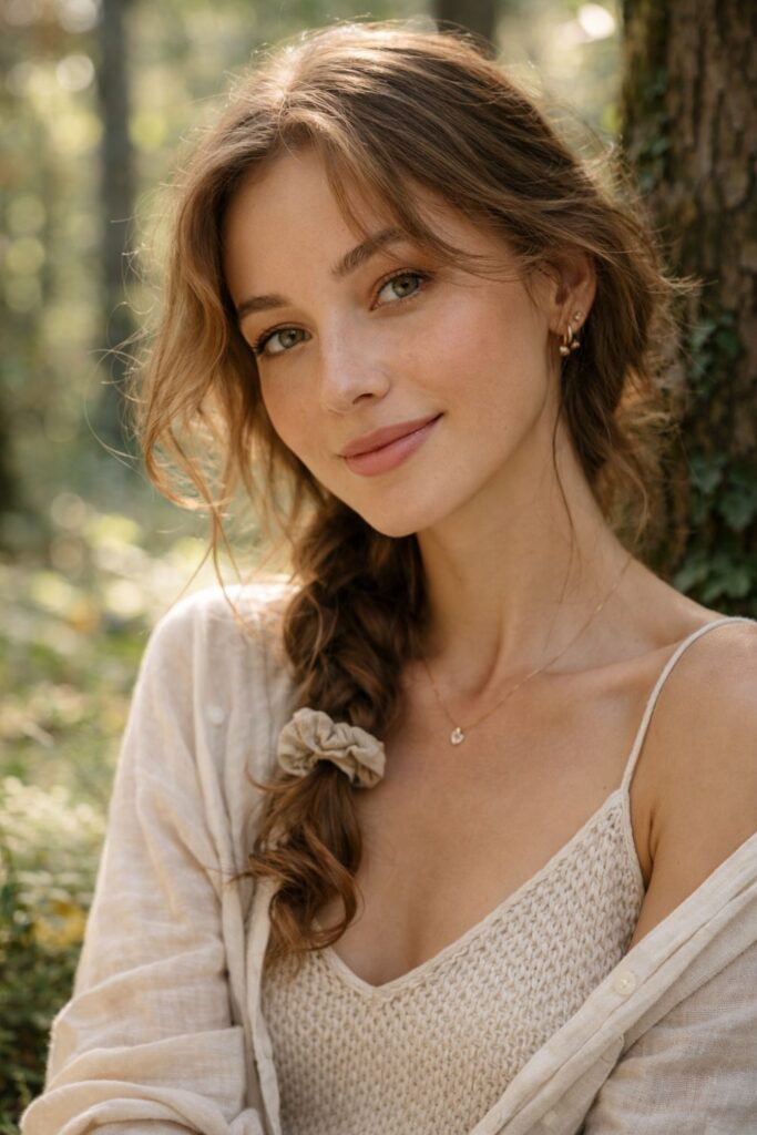 Close-up of a woman with braided hair in a sunlit forest wearing a soft beige outfit.