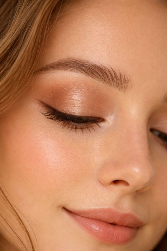 Close-up of a woman’s face with soft natural makeup, warm-toned eyeshadow, and smooth glowing skin.