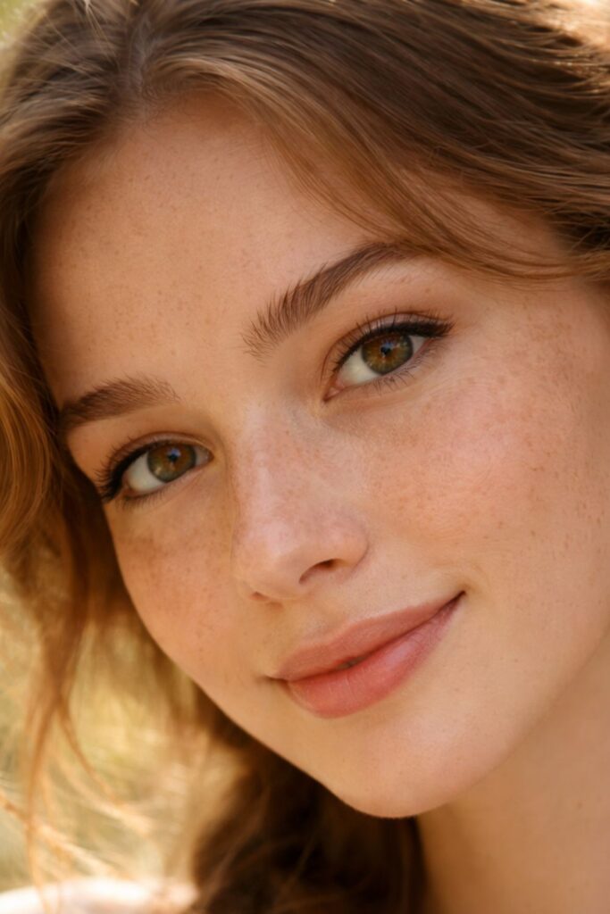 Close-up portrait of a freckled woman with braided hair in warm natural sunlight.