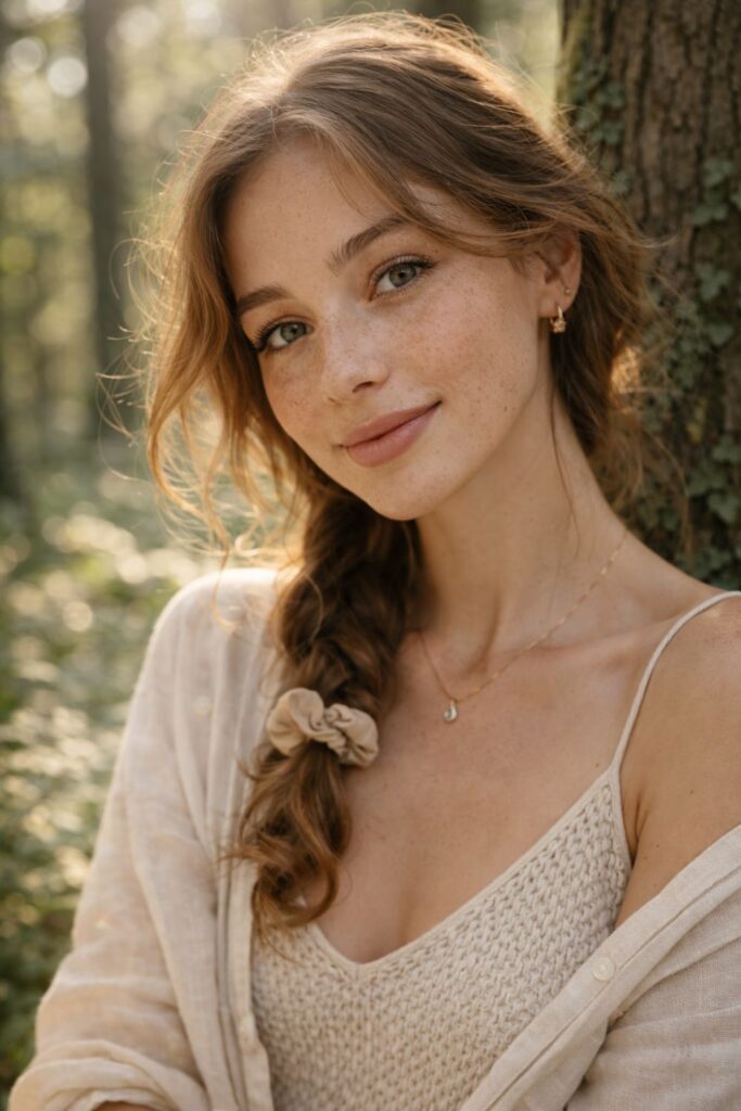 Portrait of a freckled woman with braided hair in a sunlit forest wearing a beige outfit.