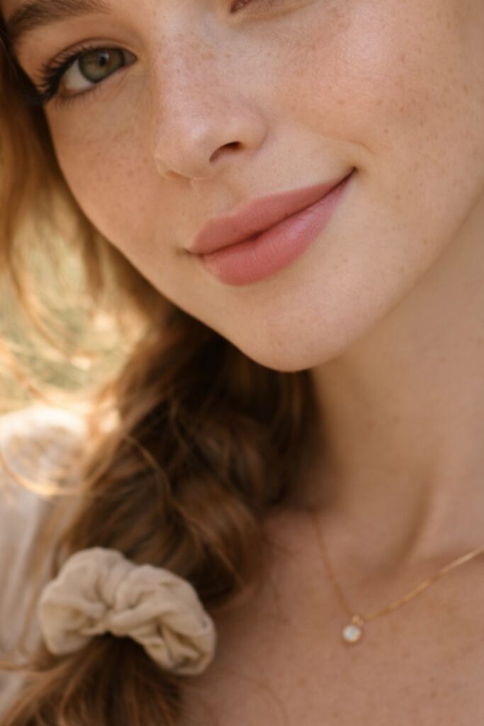 Close-up of a freckled woman with braided hair and soft natural makeup in warm sunlight.