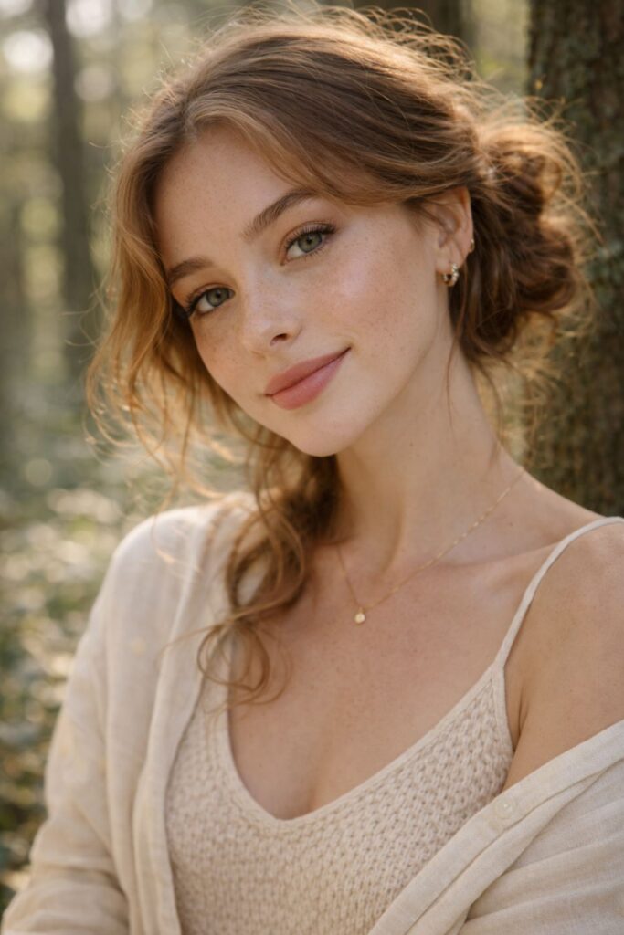 Portrait of a freckled woman with soft updo hair in a sunlit forest wearing a beige outfit.