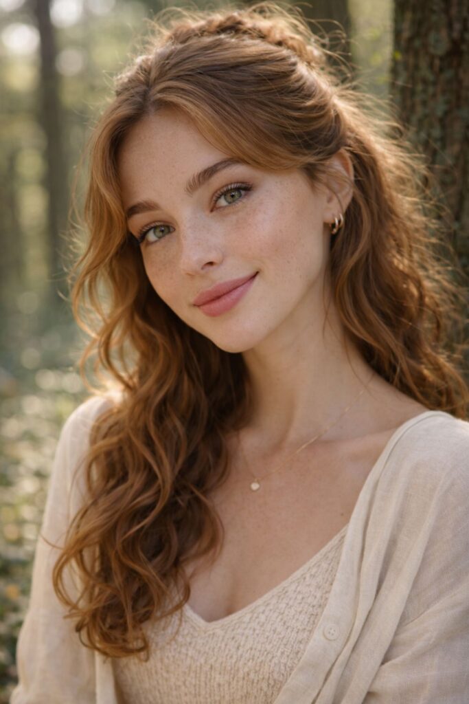 Portrait of a freckled woman with long wavy hair in a sunlit forest wearing a soft beige outfit.