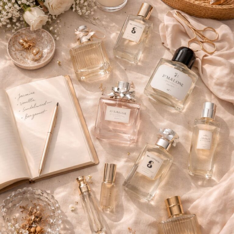 Flat lay of perfume bottles with flowers, candle, notebook, and fragrance ingredients on soft fabric.