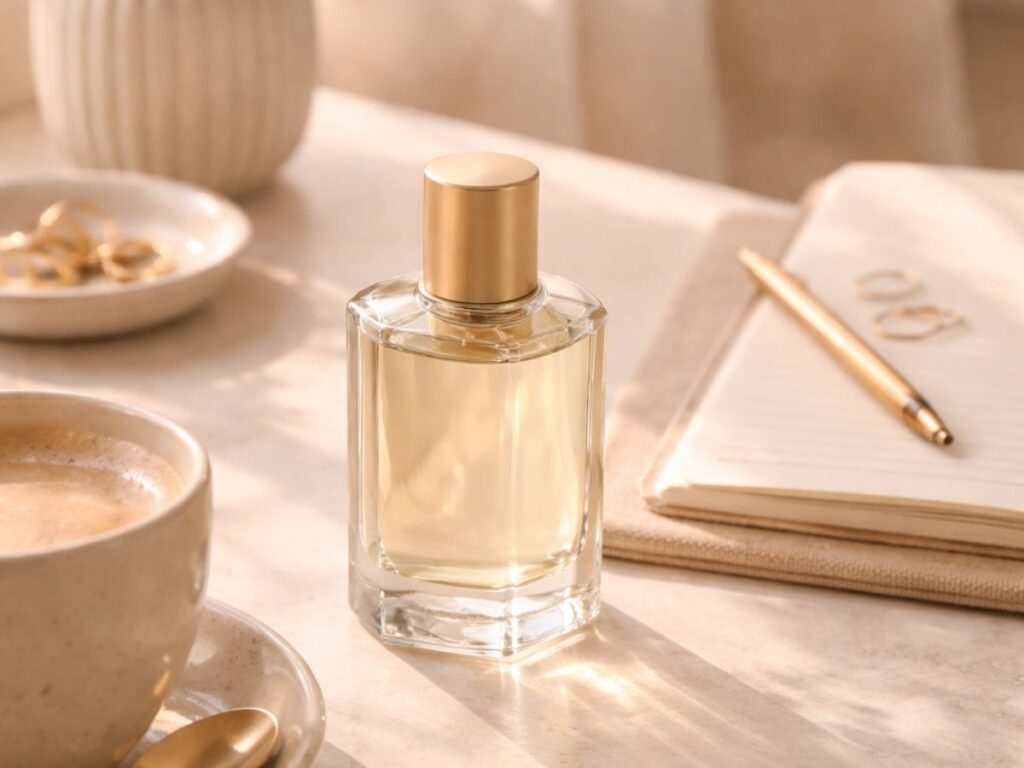 A clear perfume bottle with a gold cap on a sunlit table beside a cup of coffee, notebook, and soft neutral decor, creating a warm, cozy atmosphere.