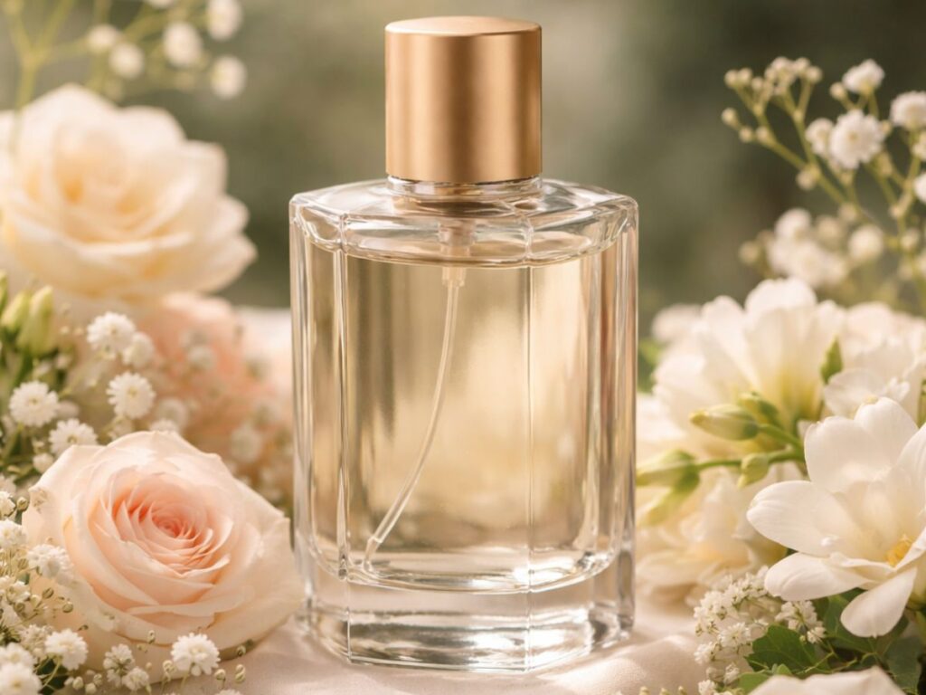 A clear glass perfume bottle with a gold cap surrounded by soft cream roses and delicate white flowers, set on a silky fabric with a dreamy, romantic background.