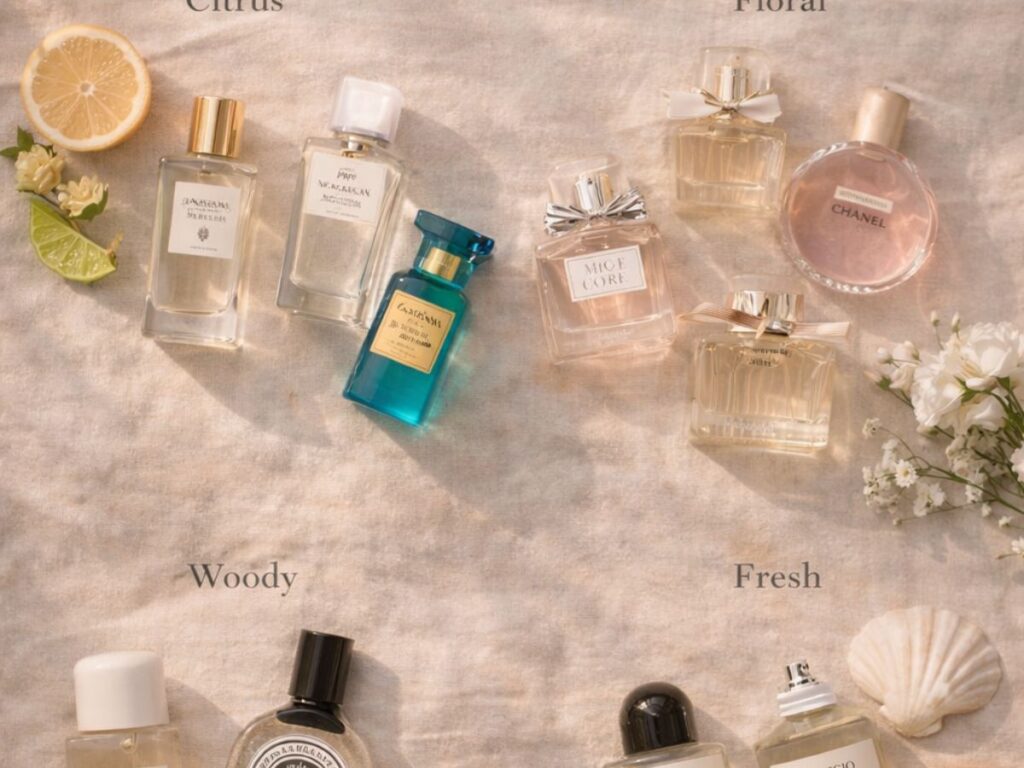 Flat lay of perfumes grouped by scent categories—citrus, floral, woody, and fresh, styled with matching ingredients on neutral fabric.
