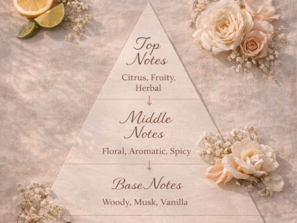 Perfume notes pyramid showing top (citrus, fruity, herbal), middle (floral, aromatic, spicy), and base notes (woody, musk, vanilla), styled with natural ingredients on a soft neutral background.