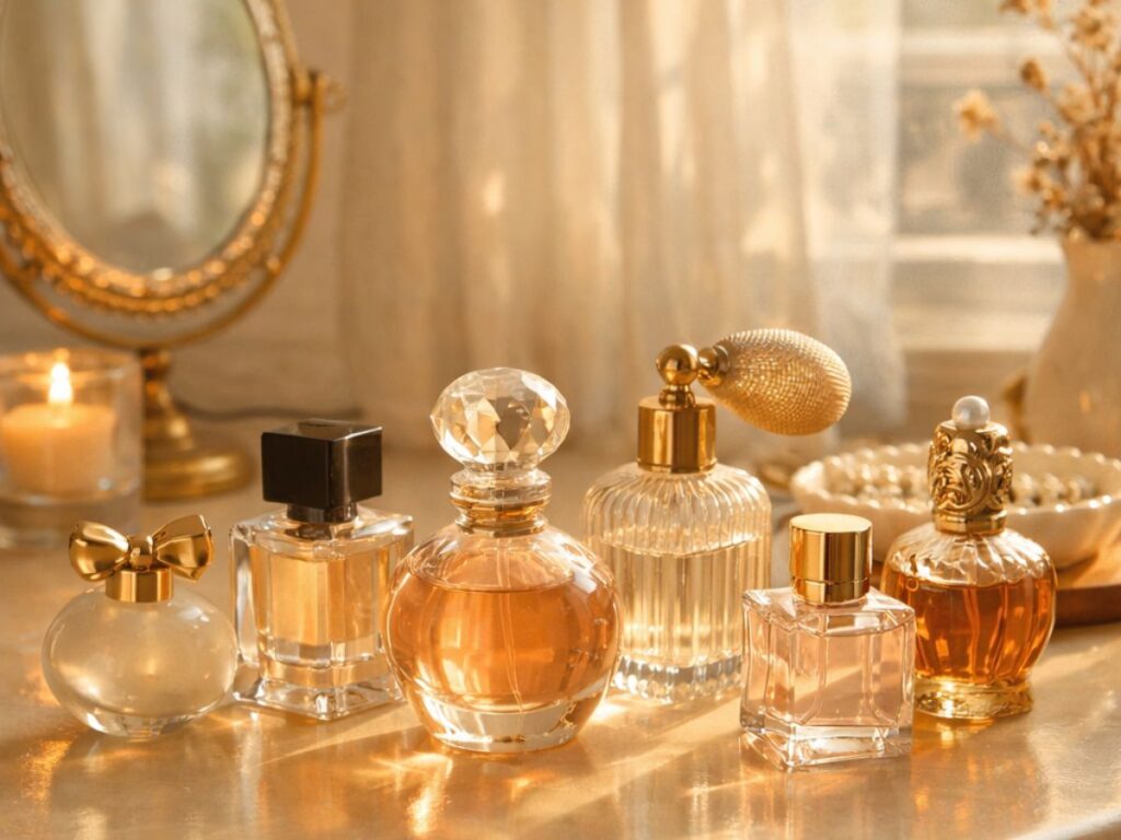 Elegant perfume bottles arranged on a vanity table with a mirror, candle, and soft golden sunlight creating a warm, luxurious atmosphere.