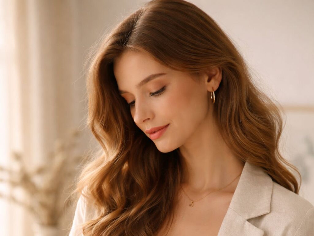 Elegant woman indoors softly lit with warm natural tones, wearing a neutral outfit and looking down at the fragrance.