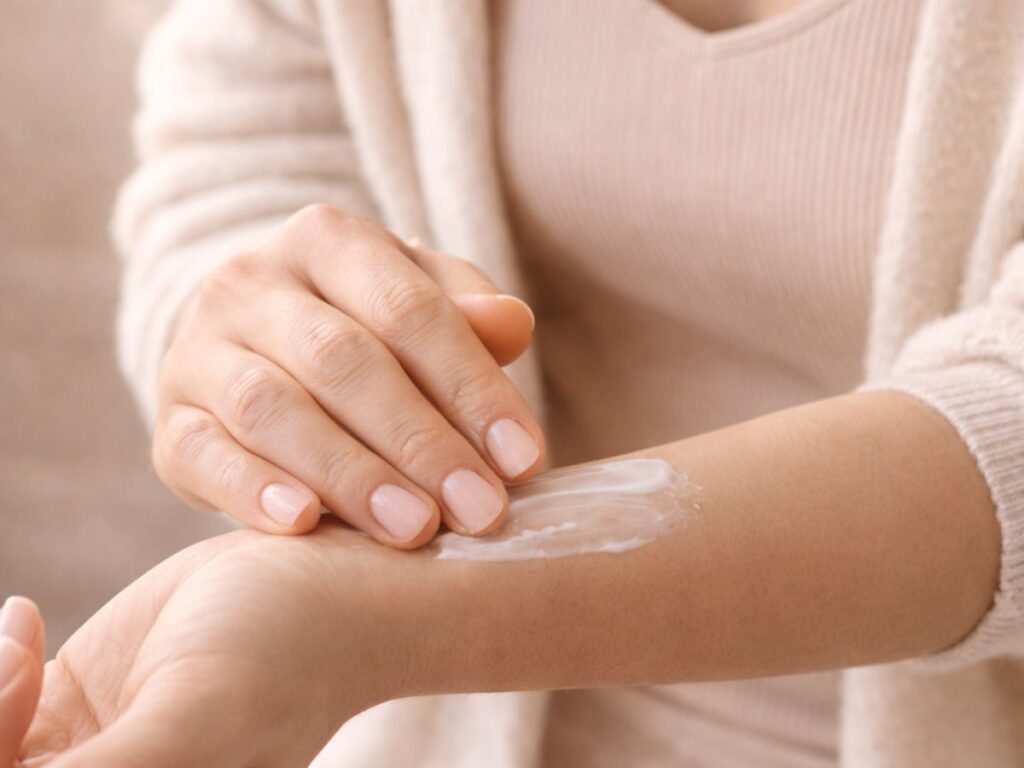 Close-up of a woman applying cream to her wrist, with soft neutral tones and a calm, minimal skincare setting.