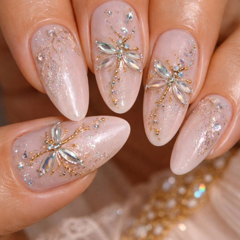 Close-up of almond-shaped nails with a soft nude base, featuring delicate glitter, gold detailing, and sparkling crystal dragonfly designs for an elegant, feminine look.