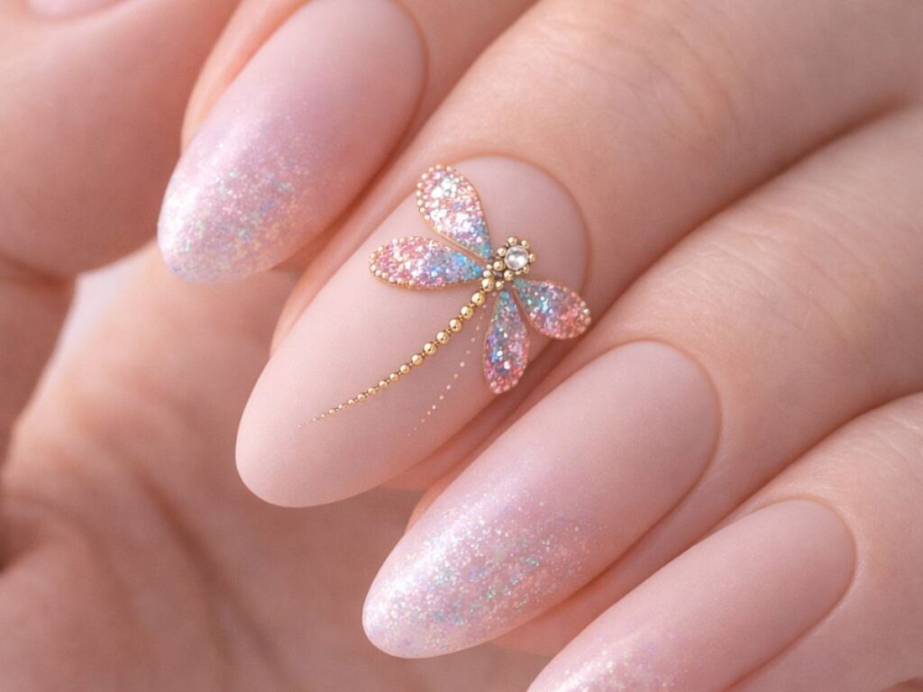Close-up of almond-shaped soft nude nails with a matte finish and iridescent glitter tips, featuring a delicate gold dragonfly accent with multicolored shimmer wings on one nail, set against a soft neutral background.