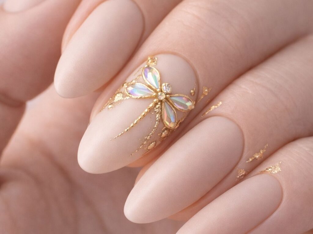 Macro close-up of almond-shaped matte nude nails with a refined gold dragonfly embellishment featuring iridescent crystal wings, accented by delicate gold foil details on surrounding nails, set against a soft neutral background.