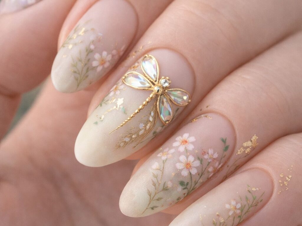 Macro close-up of almond-shaped matte nude nails with delicate hand-painted floral designs and subtle gold accents, featuring a central gold dragonfly embellishment with iridescent crystal wings, set against a soft natural background.