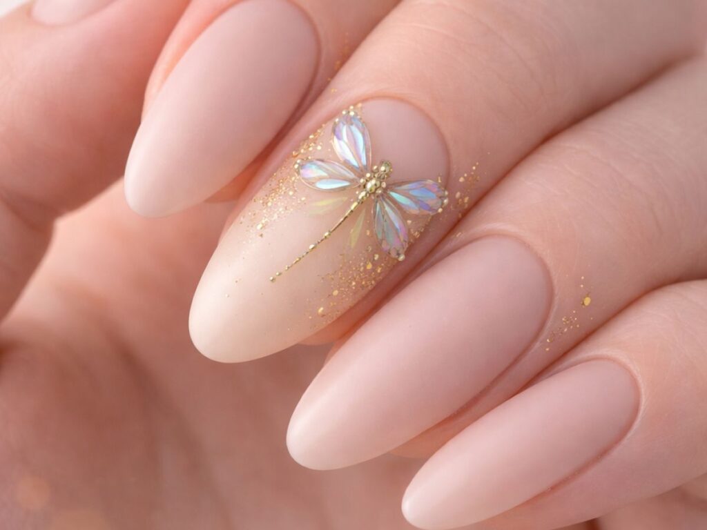 Macro close-up of almond-shaped matte nude nails with a soft gradient accent nail featuring an iridescent dragonfly design and delicate gold speckle details, set against a warm, softly blurred background.