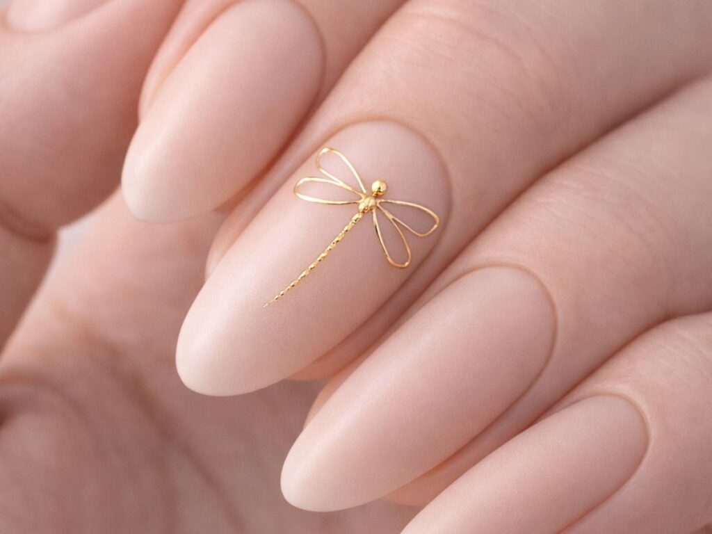 Macro close-up of almond-shaped matte nude nails with a minimalist gold wire dragonfly design on one accent nail, set against a soft neutral background with a clean, editorial beauty look.