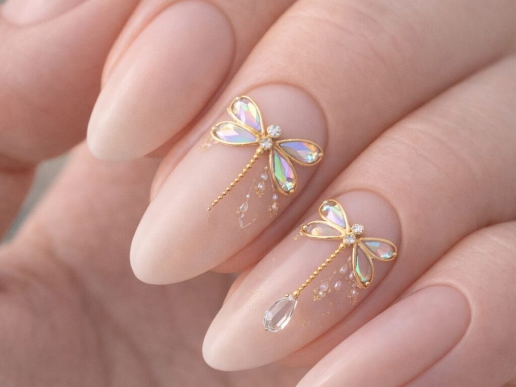 Macro close-up of almond-shaped matte nude nails featuring two accent nails with elegant gold dragonfly embellishments, each with iridescent crystal wings and delicate dangling gem details, set against a soft natural background