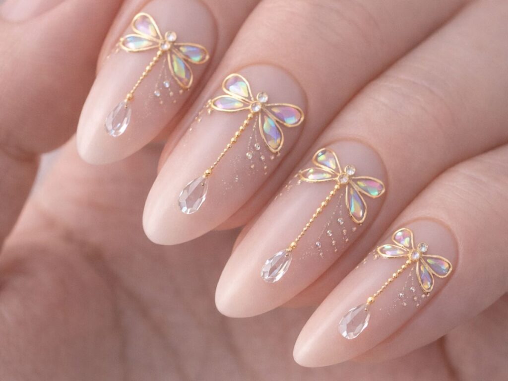 Macro close-up of almond-shaped nude nails adorned with delicate gold dragonfly designs on each nail, featuring iridescent wings and fine dangling crystal drops, with subtle shimmer and a soft, blurred background.