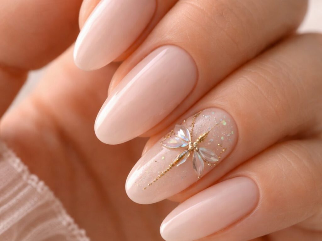 Close-up of glossy almond-shaped nails in a soft nude shade, with one accent nail featuring a delicate crystal dragonfly design and subtle glitter details.
