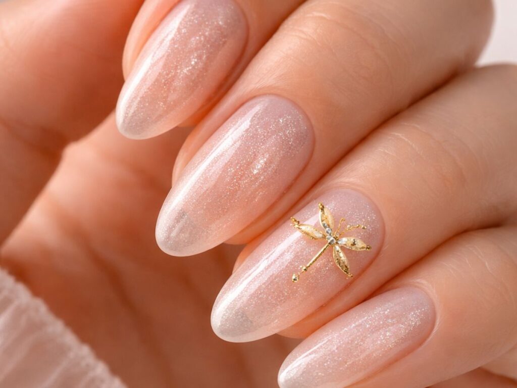 Close-up of a hand with glossy, sheer pink nails featuring a subtle shimmer, with one accent nail adorned with a tiny gold metallic dragonfly, set against a soft neutral background in gentle studio lighting.