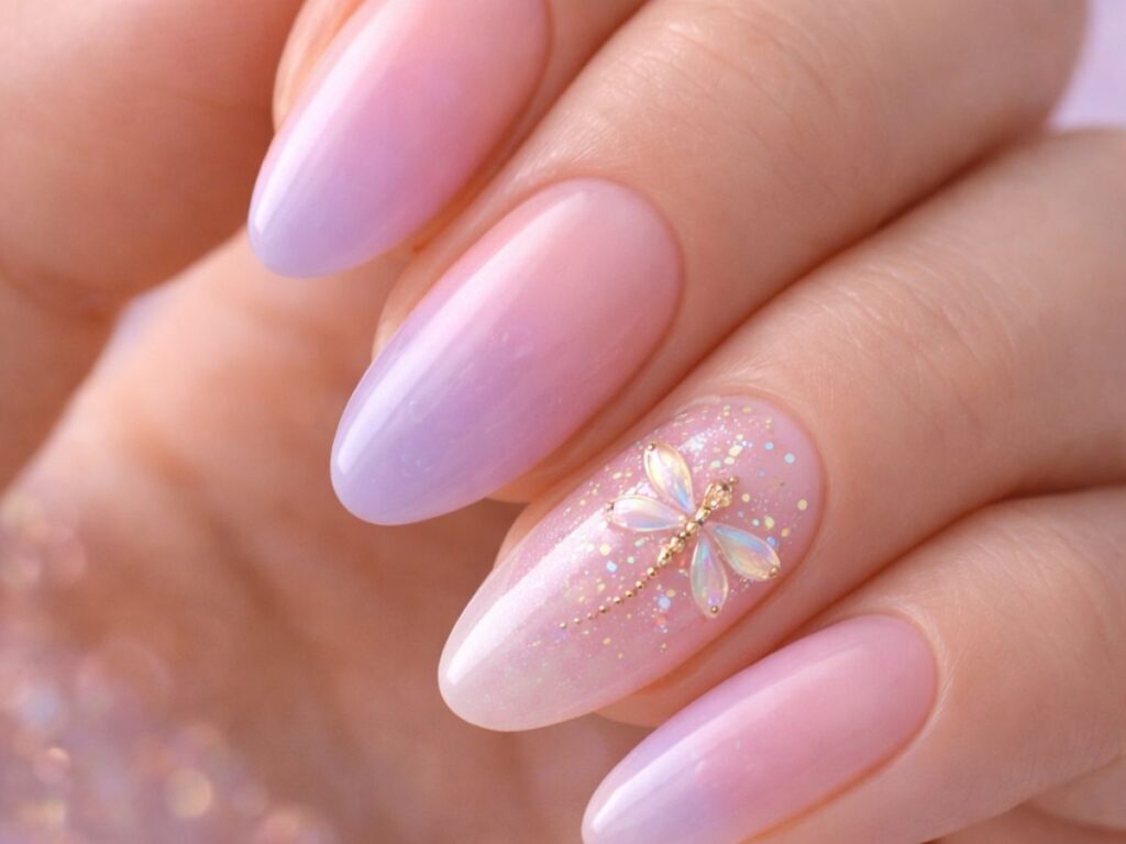 Close-up of almond-shaped nails with a soft pink-to-lilac ombré gradient, featuring a shimmering accent nail with a delicate iridescent dragonfly and fine glitter details against a dreamy pastel background.