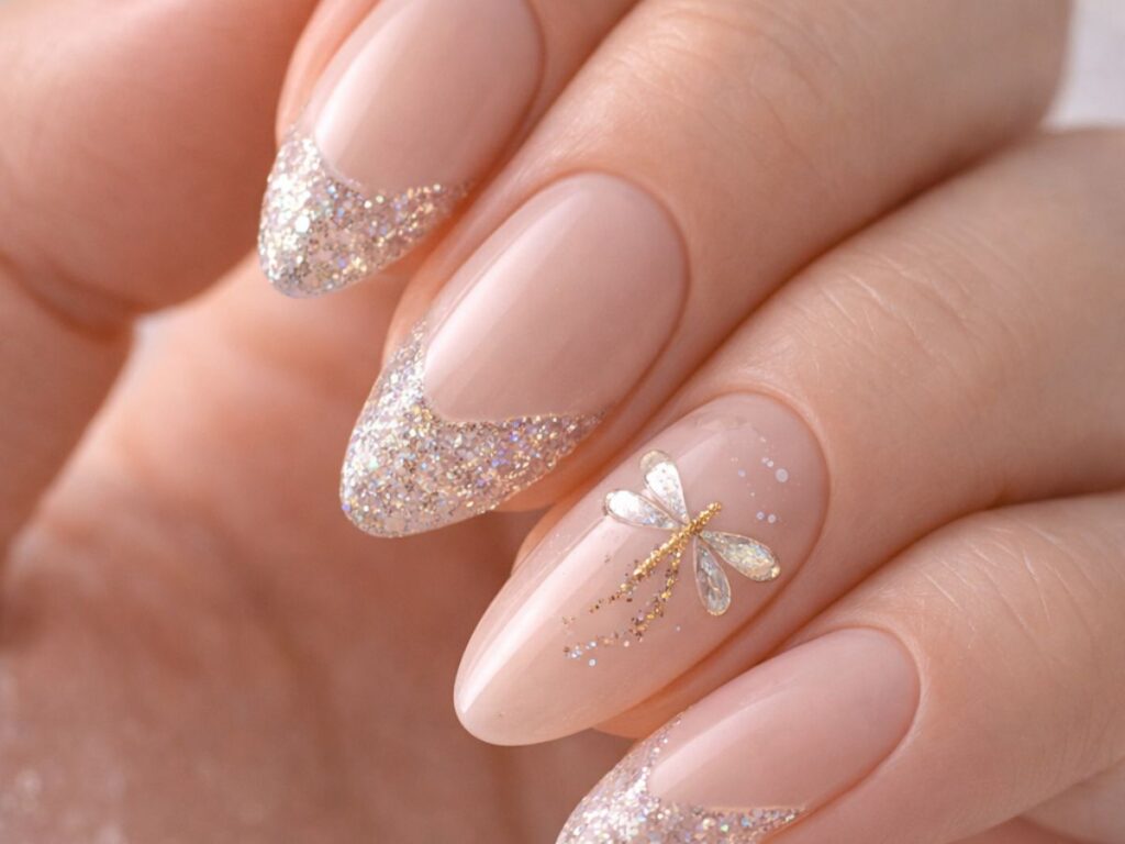 Macro close-up of neutral nude nails with glittery, wing-shaped tips resembling dragonfly wings, featuring a delicate gold dragonfly accent nail, captured in soft natural light with a subtle sparkle.